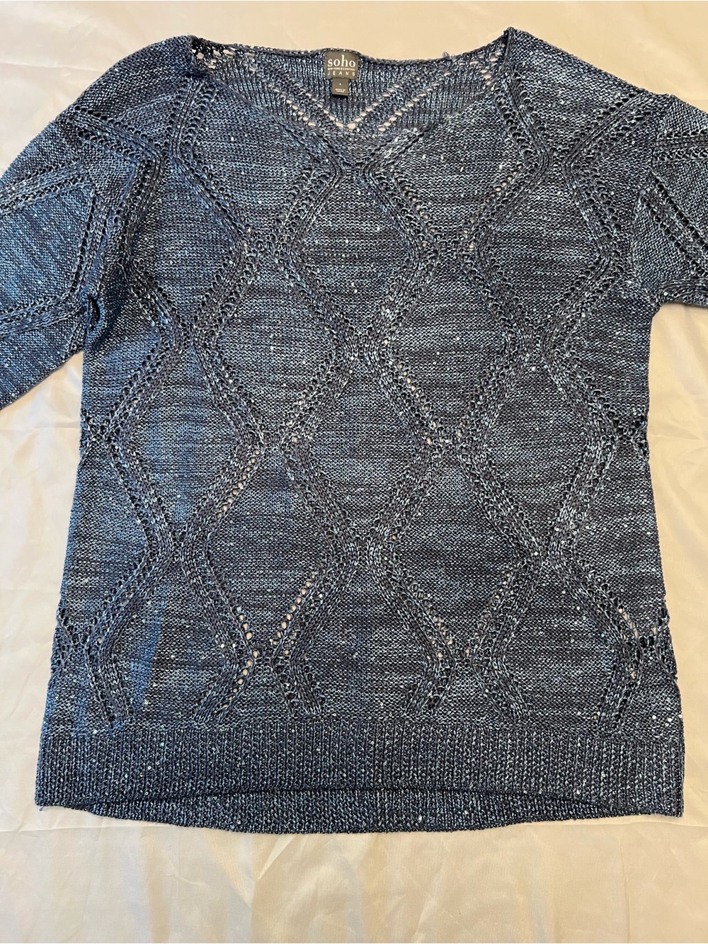 Soho Openwork V-Neck Pullover in Navy Blue